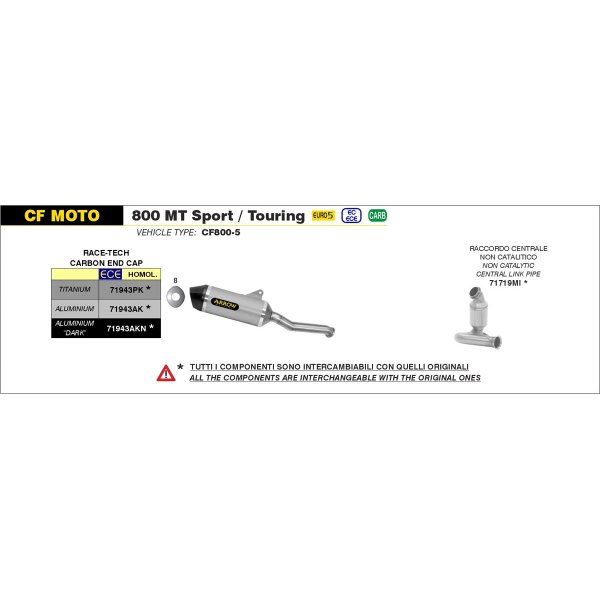 Raccordo Centrale Scarico Terminale NON Catalitico Decatalizzatore Arrow CF Moto 800 Mt Sport Touring 2022-2024 Road Racing 2
